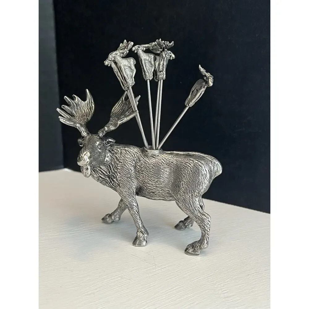 Stag Head Pewter Glass Bowl Cocktail Pick Holder & Picks 3pc Set Condiment Lodge